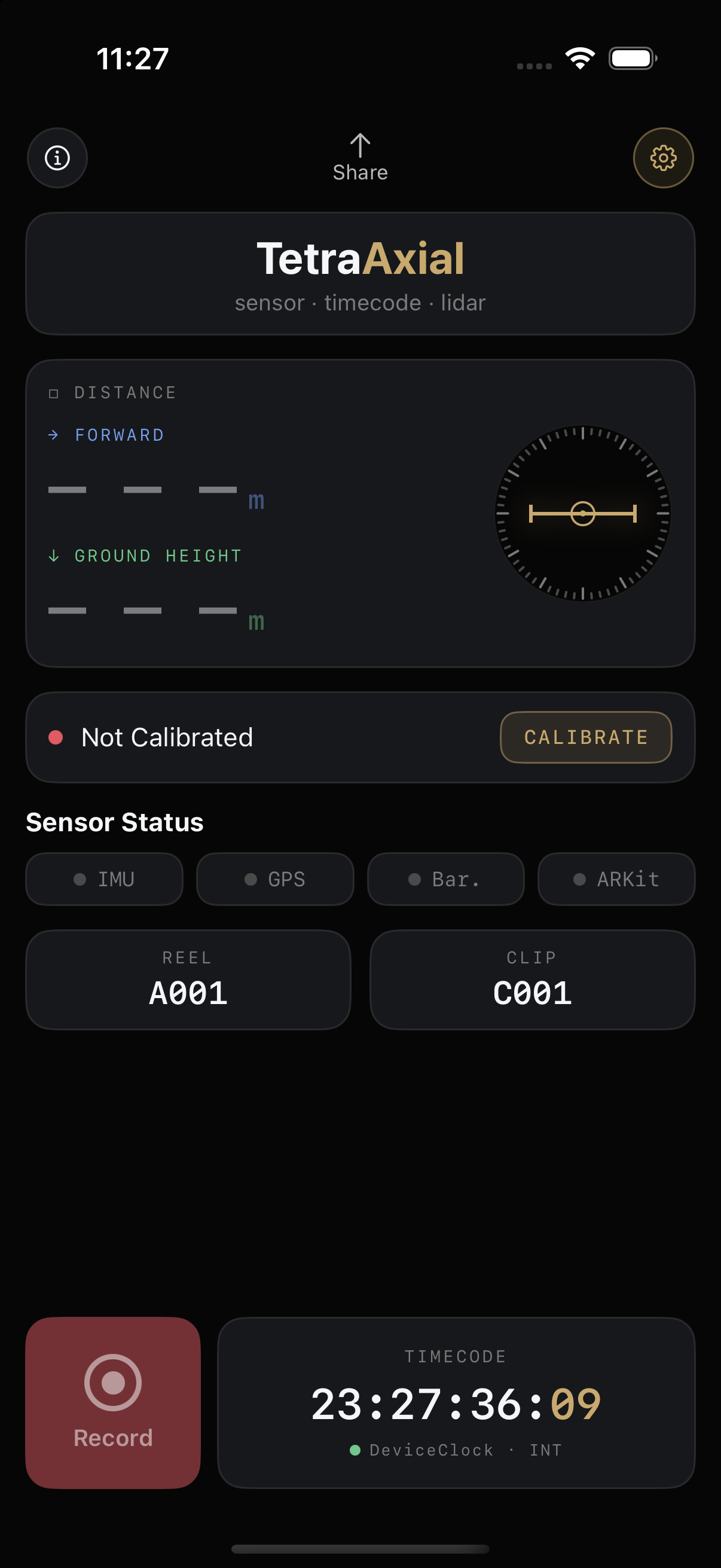 Record home — distance, ±2° horizon level-lock, sensor status, timecode and record