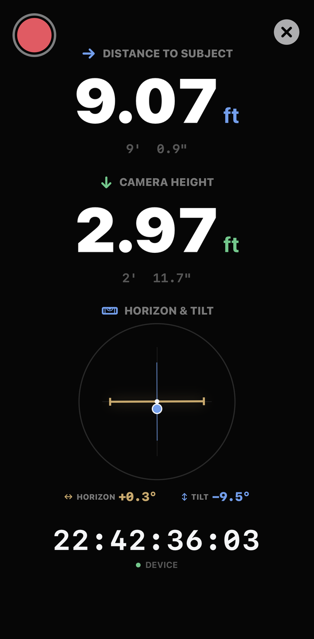 Live monitor — distance to subject, camera height, and a horizon and tilt level, with running timecode