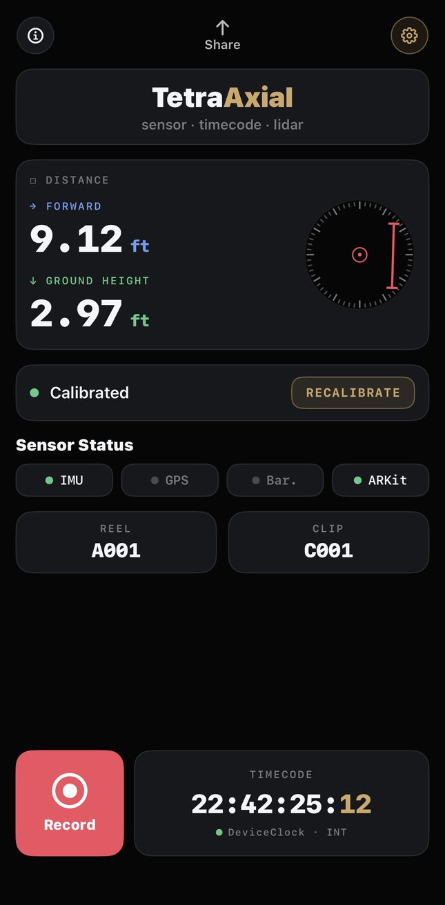 Record home — forward distance, ground height, a LiDAR distance dial, sensor status, reel and clip, and timecode beside the record button