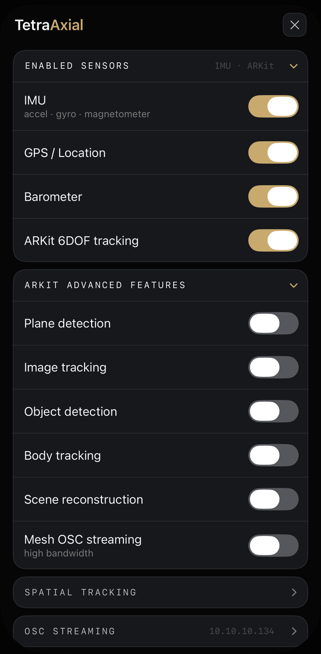 Enabled sensors — IMU, GPS, barometer and ARKit 6DOF tracking, with ARKit advanced tracking features