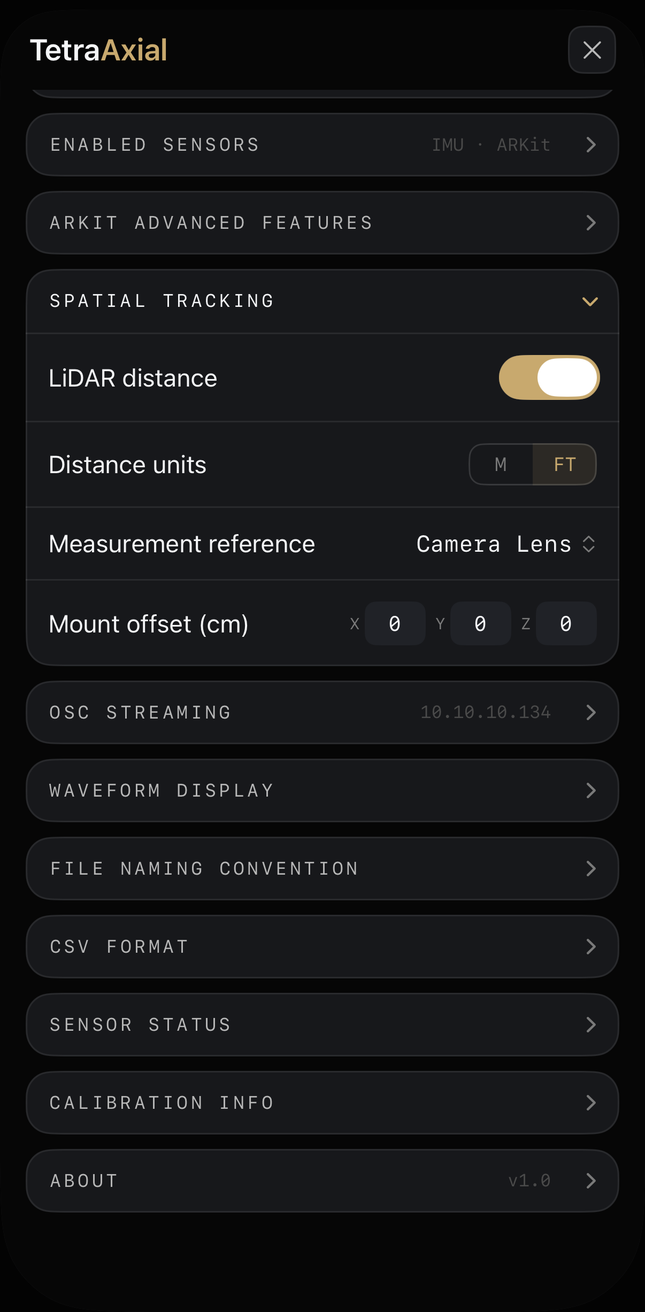 Spatial tracking — LiDAR distance, measurement reference and mount offset, with OSC streaming to the network