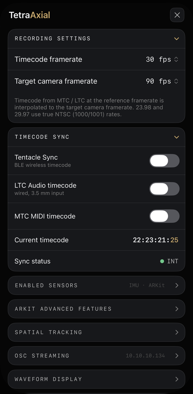 Timecode sync — recording and target framerates, with Tentacle, LTC and MTC timecode and sync status
